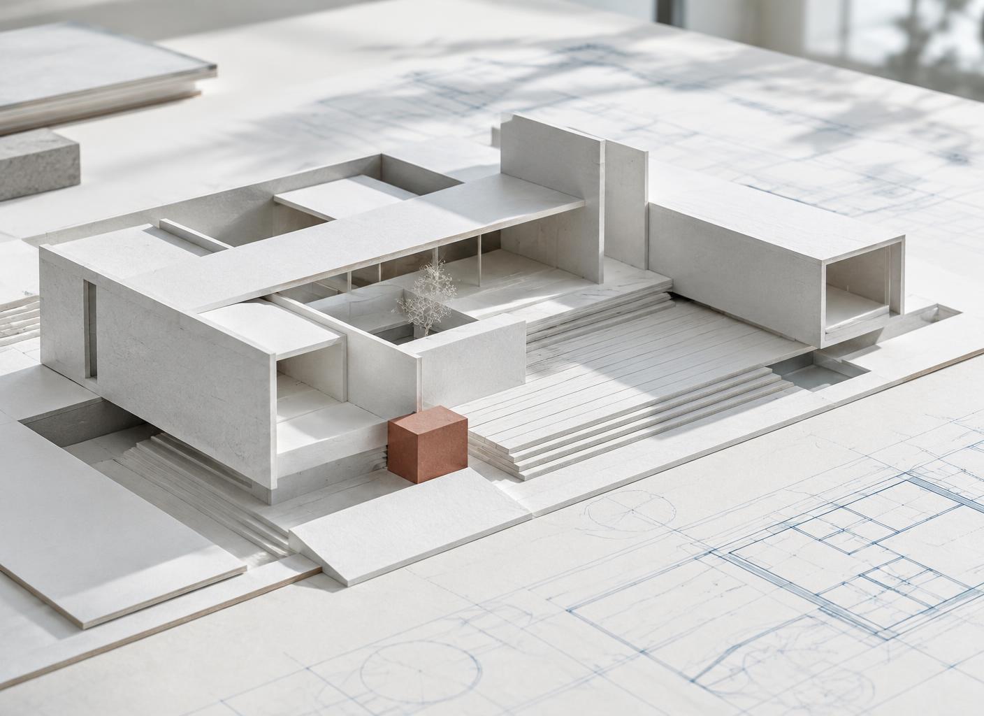 A layered architectural paper model resting on a technical drawing